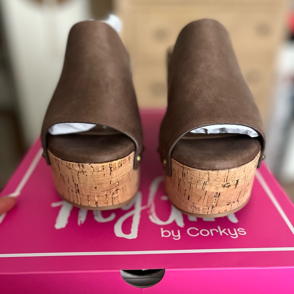 Corkys Brown Mules with Cork Wedge Heel